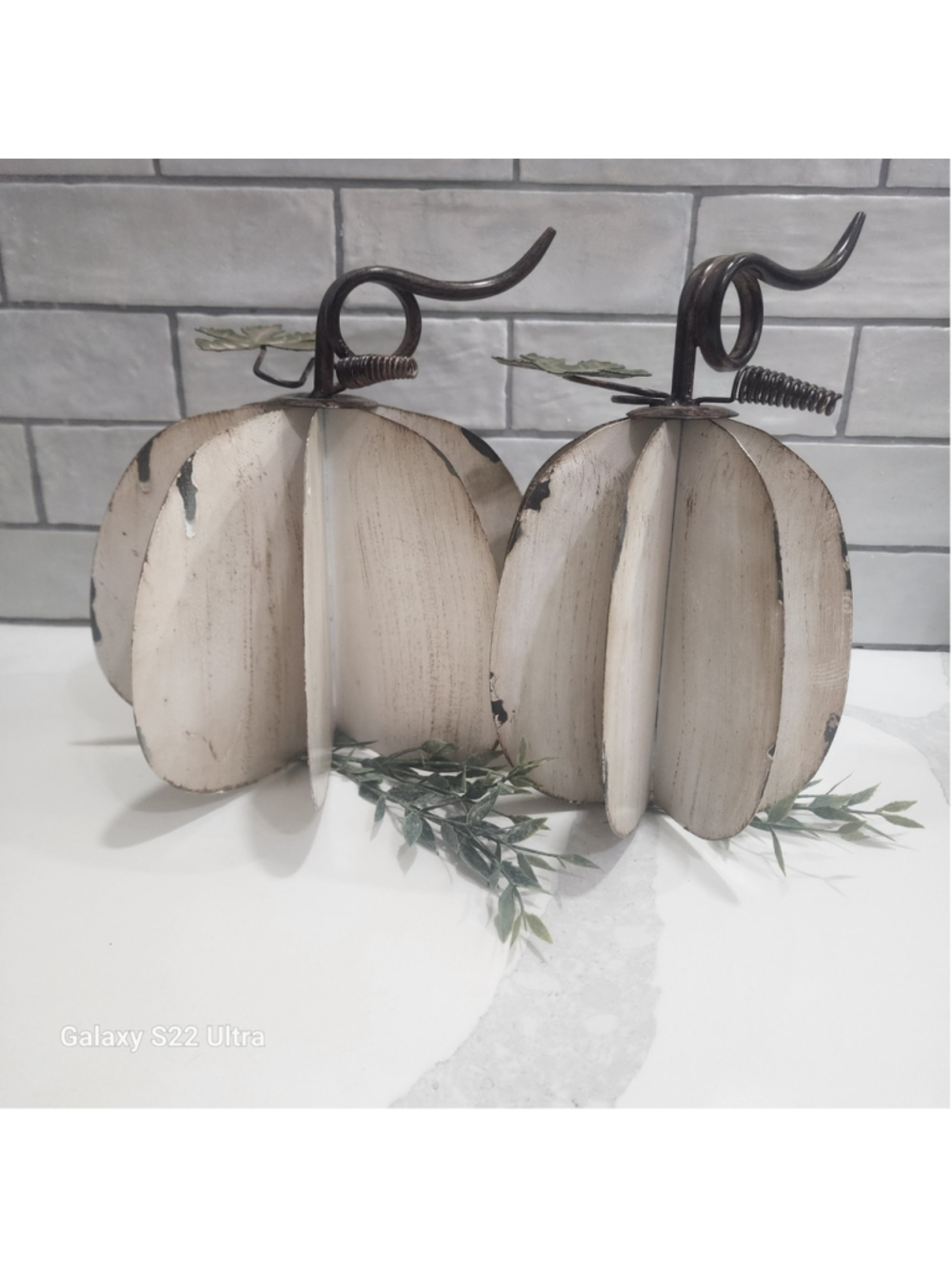 Metal Pumpkin Decor Set Rustic White Distressed Farmhouse Autumn Fall 2 Pc